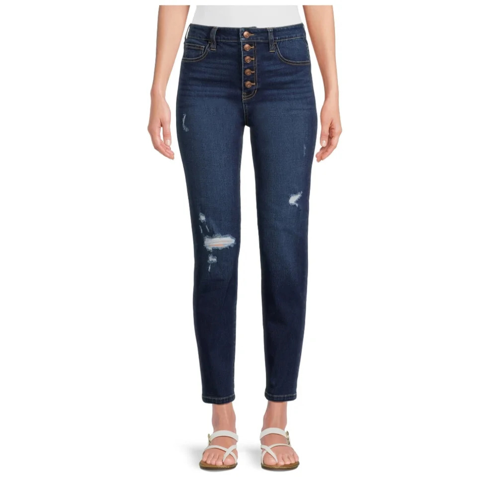 No Boundaries Juniors  Button Fly Destructed Skinny Jeans Dark Wash NWT